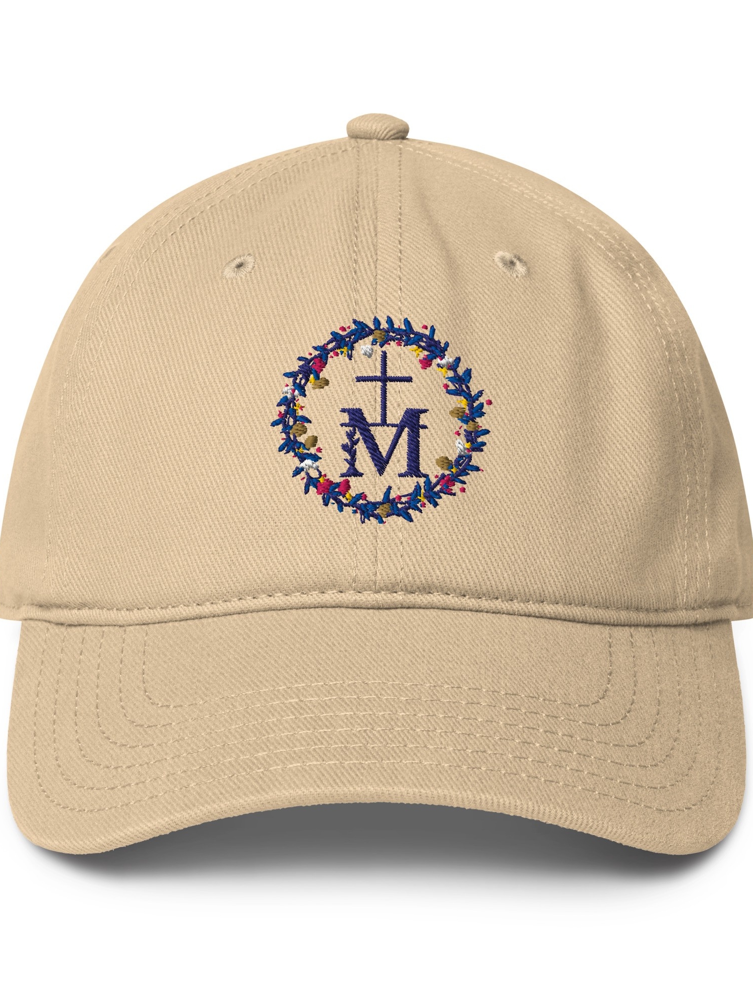 Embroidered Beige Baseball Cap With Wreath Logo